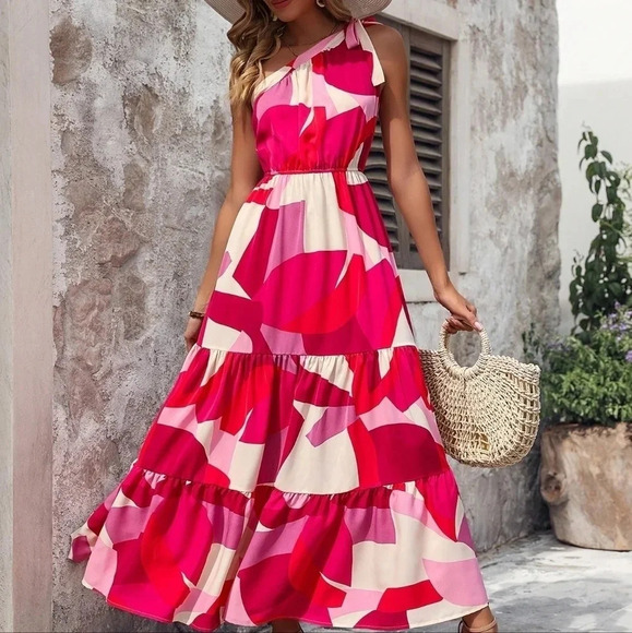Dresses & Skirts - Random Print Asymmetrical Collar Dress